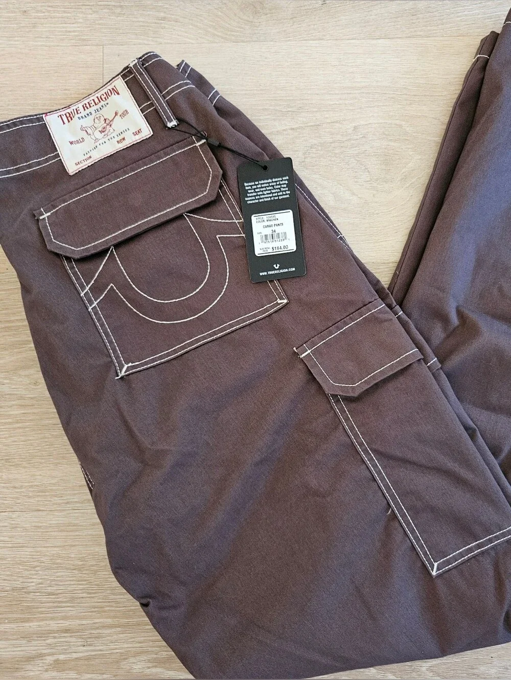 True Religion Bracken Men’s Chocolate Brown Cargo Pants 34x32 NWT - $164